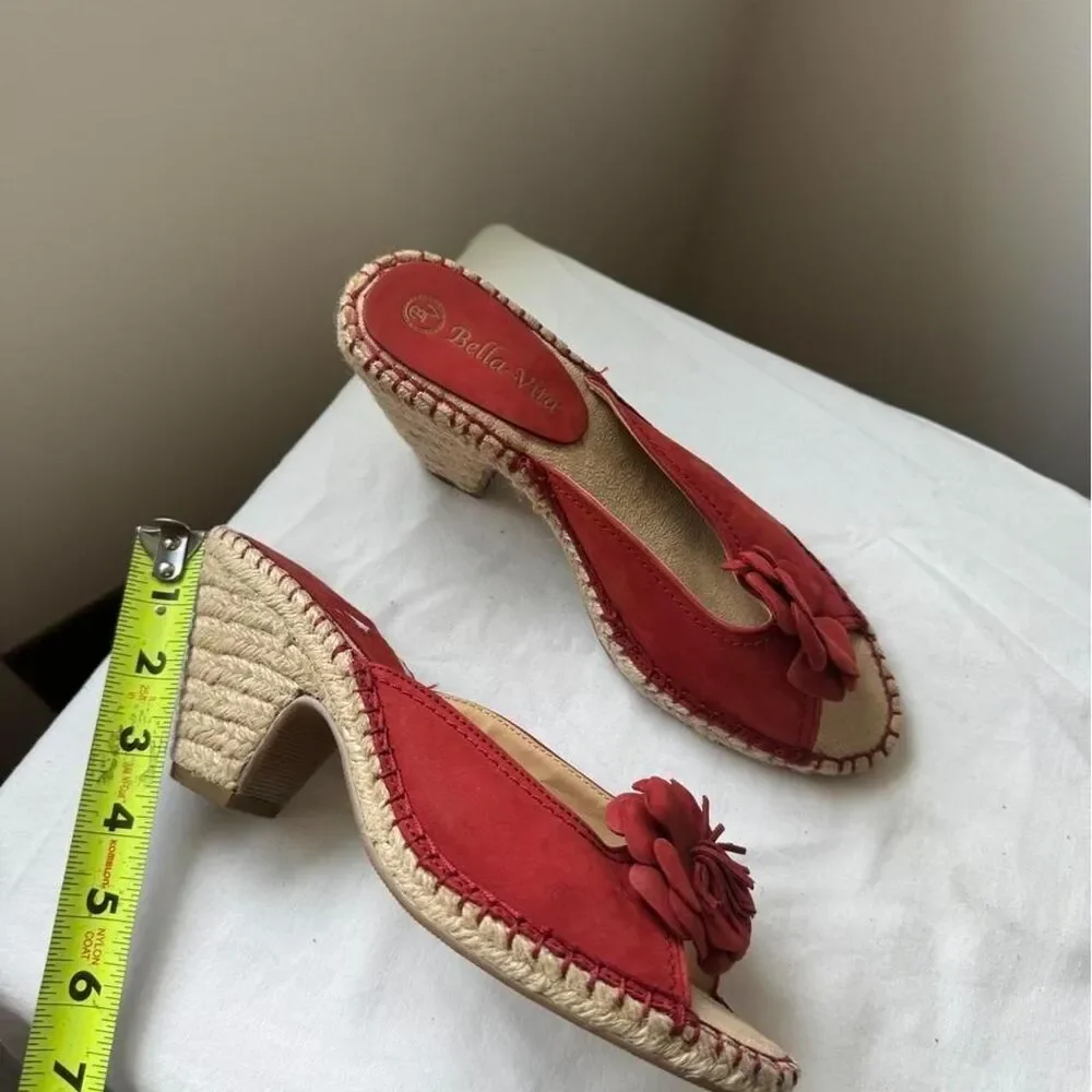 Bella Vita Red Leather Floral Espadrille Block Heel Mules Y2K Vintage Cottage 8